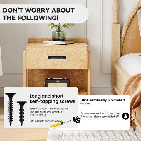 Bedroom scene with a nightstand, comparing long and short self-tapping screws for Black Barn Door Handles 5.9 Inch Gate Pulls.