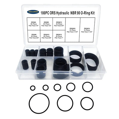 All In One Buna N 90 O Ring Seal Kit For Flat Face Hydraulic Fittings Packed 180 Pieces In Eight Sizes From One Quarter Inch To One And A Half Inches Total, shown in storage case with O-rings visible.