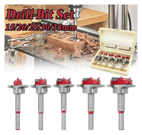 Carbide Hinge Hole Opener Drill Bit Set for Woodworking, showing various sizes and case, for hinges and perforated woodwork.