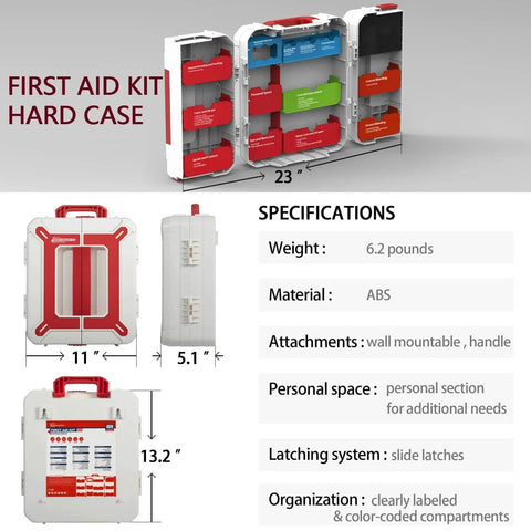 Boss Level Large 408 Piece Wall Mounted First Aid Kit showing dimensions, compartments, and specifications.