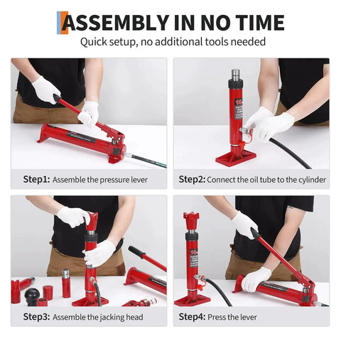 10 Ton Hydraulic Porta Power Kit With Wheeled Case Ram Pump Hose For Automotive, step-by-step assembly instructions displayed.