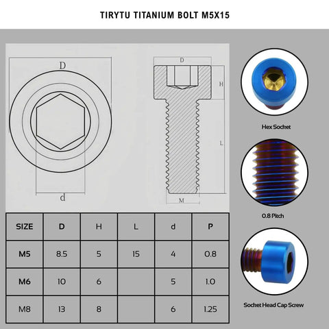 Ultralight Titanium M5x15 Bolts for Bikes Motorcycles and Marine Gear Burnt Blue Six Piece Set diagram with hex socket details by TIRYTU
