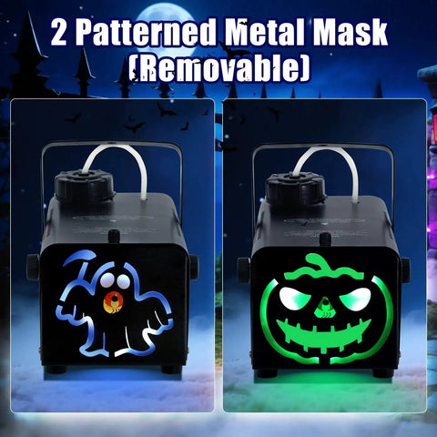 500W Fog Machine With 9 LED Lights And 12 Color Effects featuring 2 removable metal masks displayed in Halloween-themed setting
