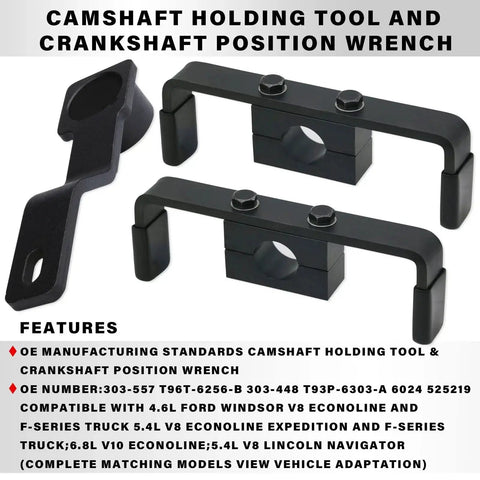 Black automotive camshaft holding tool and crankshaft position wrench kit with two long brackets and one curved piece