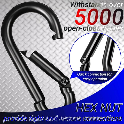 Image showing Two Inch Heavy Duty Carabiner Clips Pack Of 50 M5 Black Galvanized Steel Spring Snap Hooks with open-close cycle detail.