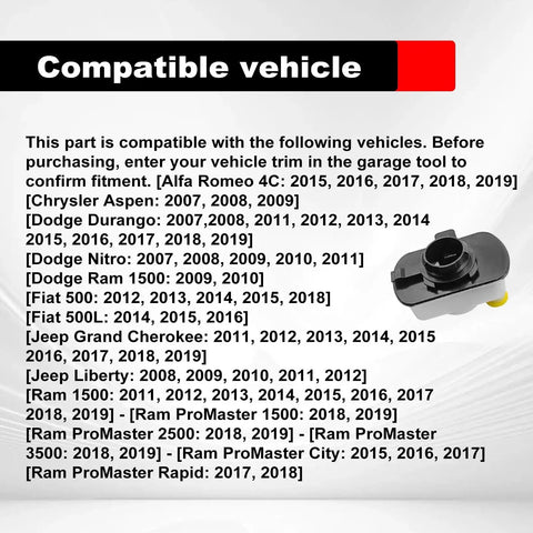 EVAP Emissions Leak Detection Pump Fits Dodge Nitro Durango Ram 1500 ProMaster Chrysler Aspen Jeep Grand Cherokee Fiat 500 500L Alfa Romeo 4C Liberty Today shown with compatibility list