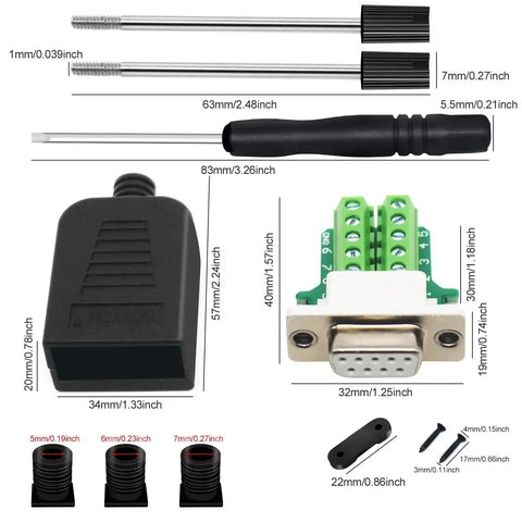 DB9 Solderless Breakout Connector Set with RS232 D-Sub 9-Pin Male Adapter, tools, and dimensions shown