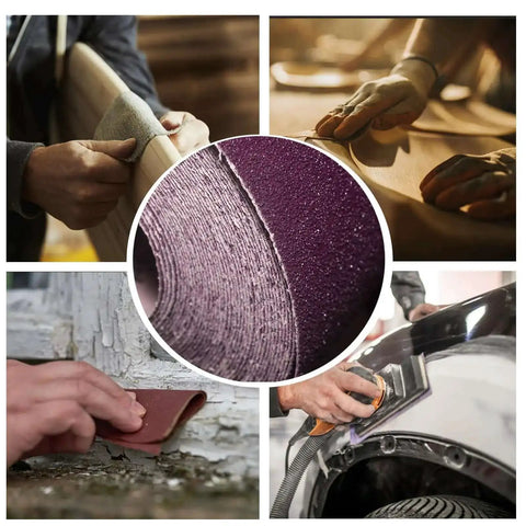 Collage of hands using 9x11 Inch Wet Dry Sandpaper Kit 24 Pcs Alumina Abrasive Grits 60 80 120 150 180 240 320 400 for various surfaces