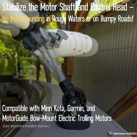Installed Electric Shaft Stabilizer For Bow Mount Trolling Motors MKA 60 with mounting screws on a boat bow.