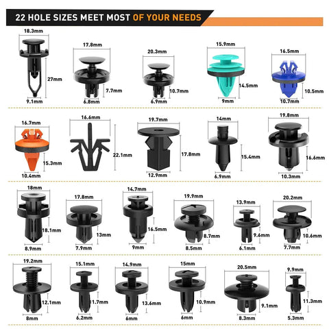 Diagram showing 22 sizes of nylon push retainer clips from the 680Pcs Car Push Retainer Clips Kit 22 Sizes Nylon Bumper Fender Rivets Fasteners Assortment with Cable Ties for Toyota GM Ford Honda Chevy.