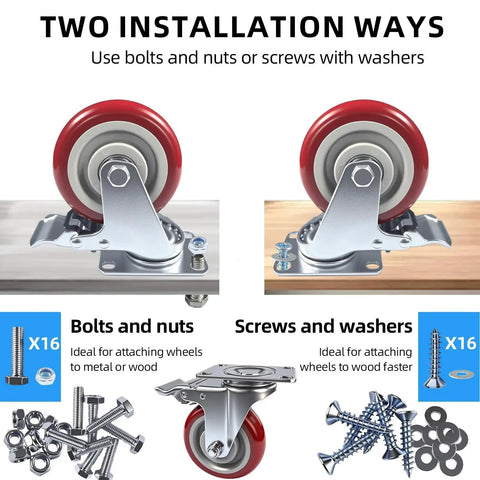 4 Inch Heavy Duty Swivel Caster Wheels Set Of 4 With Brakes And Locks For Furniture Tables Carts And Workbenches, mounted with bolts and screws