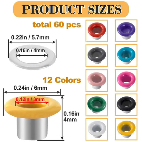 60 Sets Metal Grommets Kit With 3mm Round Eyelets And Washers In 12 Colors Display Showing Sizes And Color Options.