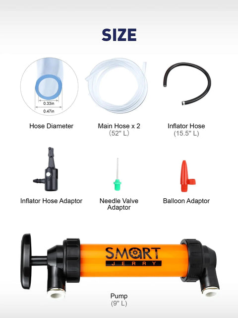 Manual Gasoline Transfer Siphon Pump With Shark Bite Connection with various hoses and adaptors shown in sizes