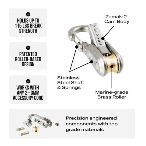 Roperoller rope tensioner with Rollercam tech; stainless steel shaft and brass roller for outdoor use