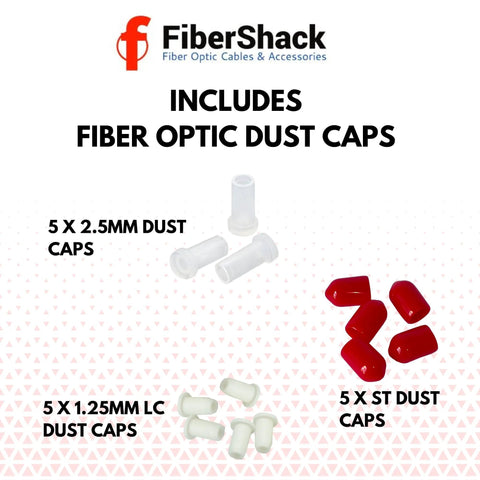 FiberShack fiber optic dust caps set: 5x white 2.5mm caps, 5x white 1.25mm LC caps, 5x red ST caps.