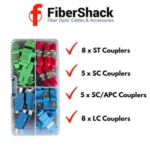 Fibershack fiber optic connector kit in a snap-lock case with 26 color-coded couplers (8 ST, 5 SC, 5 SC/APC, 8 LC) in green, red, and blue.