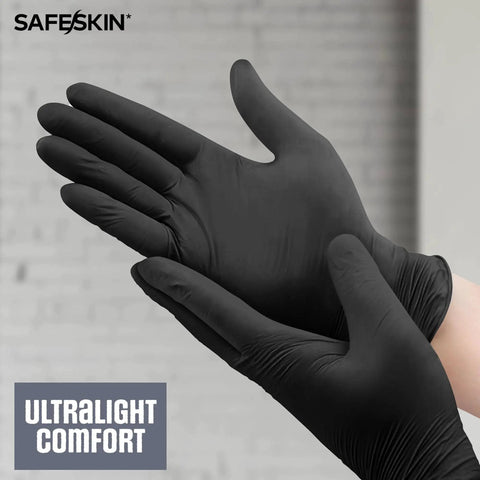 Hands wearing Ultralight Nitrile Gloves 2 Mil Black X-Large Powder Free Latex Free 100 Count with textured fingertips