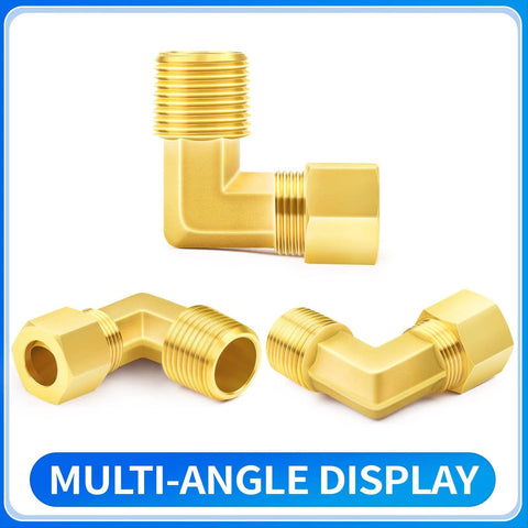 Brass Compression Tube Fitting Three Sixteenths Inch OD to One Eighth Inch NPT Male 90 Degree Elbow Connector 10 Pack display