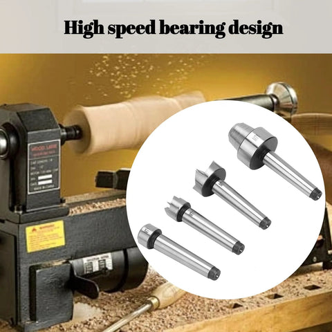 MT1 Wood Lathe Center Kit Four Live Centers for wood turning, pictured with lathe machine, durable steel spur cup ends, woodworking.
