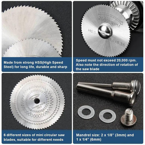 Versatile Drill Saw Blades Kit For Rotary Tools With Six HSS Disc Blades And Two One Eighth Inch Shanks Plus One Quarter Inch Shank For Wood Plastic Aluminum Cutting Includes Screwdriver For Dremel And Other DIY Tools.