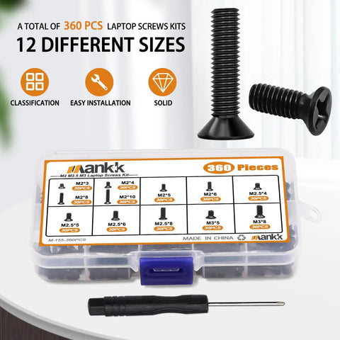 360 Piece Laptop Screws Kit With 12 Sizes M2 M2.5 M3 Replacement Tiny Screws For Motherboard And Laptop Repair DIY Includes Screwdriver Ideal For Tech Builders And PC Enthusiasts showcasing screw assortment box and tools.