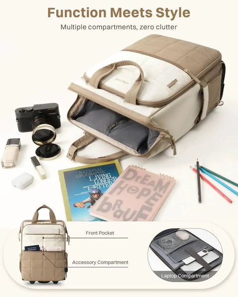 Open Rolling Puffer Backpack With Wheels For Women showcasing compartments and pockets, ideal for work, travel, college, beige color