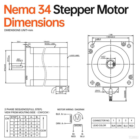 Diagram of Nema 34 Stepper Motor With 1.8 Degree Step, Two Phase High Torque 12.8Nm Bipolar showing dimensions and wiring