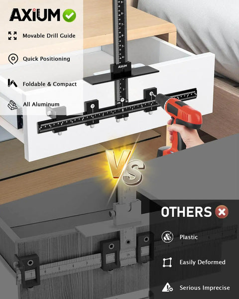 Aluminum Cabinet Hardware Jig With Center Punch being used for precise drilling on a drawer with a drill, showing adjustable guide.