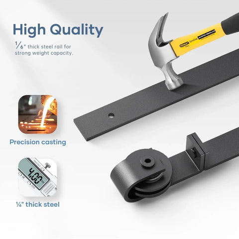 Close-up of 4 Ft Cabinet Bi-Folding Sliding Barn Door Hardware Track Kit showing carbon steel rail, nylon rollers, and precision casting.