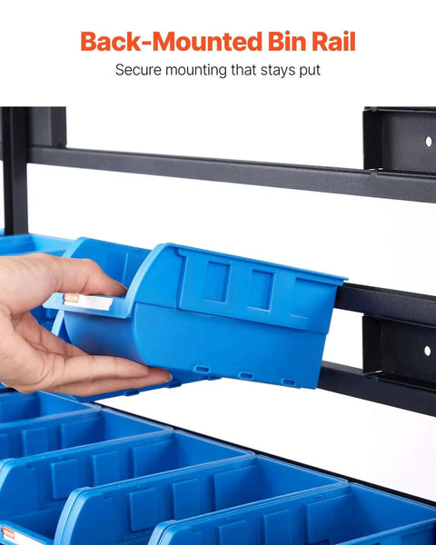 Hand placing blue bin on Seven Tier Double Sided Rolling Bin Storage Rack With Ninety Four Plastic Bins On Wheels Dual Sided Parts Organizer