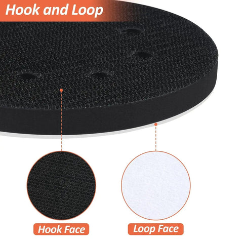 Close-up of 5 Inch Foam Sanding Pad 8 Hole Interface Backing Pad for Orbital Sander showing hook and loop face details.