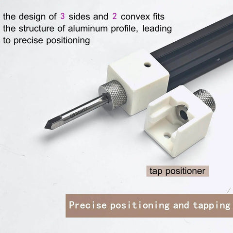 Aluminum Extrusion Drill Guide And Tap Jig For 2020 And 2040 European Profiles with tap positioner shown on white background.