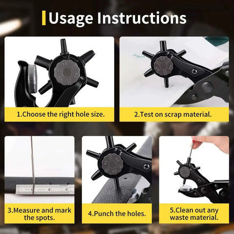 Instruction steps for Long Handle Revolving Leather Hole Punch Kit For Belts Watch Bands Straps Dog Collars And More