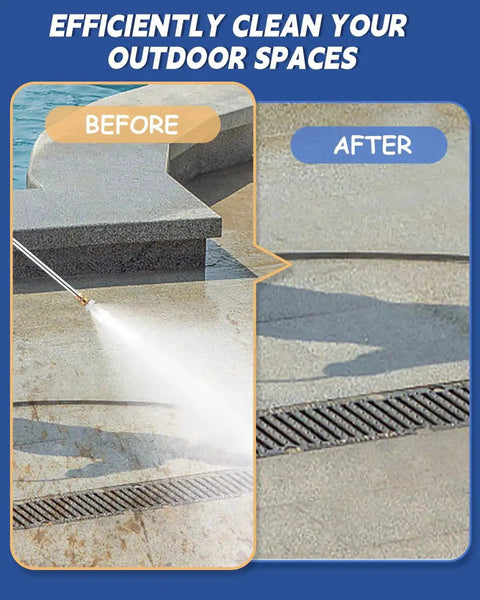 Upgraded Jet Nozzle Power Washer cleaning patio before and after, showing effective dirt removal and hydro jet cleaning power.