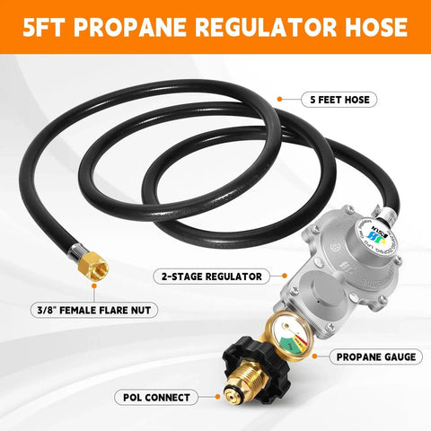 Image of a two-stage propane regulator with a 5-foot hose, gauge, POL connection, and flare nut, for RVs and outdoor cooking.