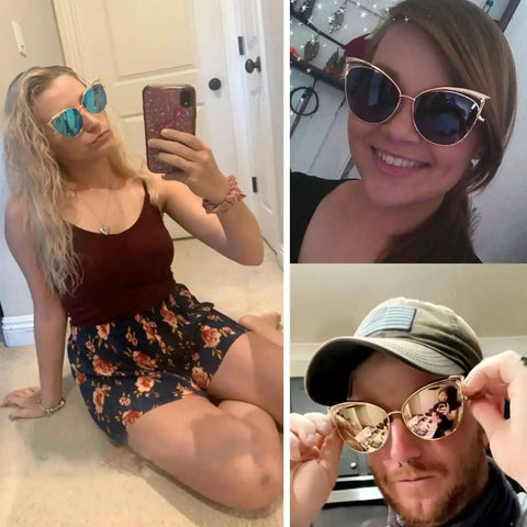 Collage of people wearing Oversized Cat Eye Sunglasses For Women And Men Trendy Retro Large Shades With Metal Frame UV400 Protection.
