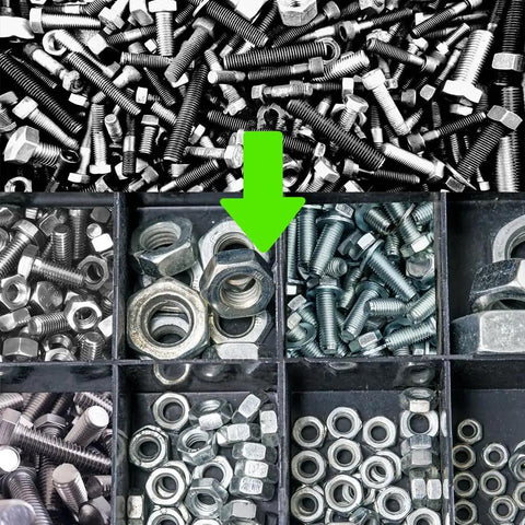 Nut And Bolt Thread Checker With 44 Male And Female Gauges For Quick Nut And Bolt Size Checks In Inch And Metric Featuring 23 Inch And 21 Metric Gauges For Fast Verifications Pro Grade Tool layout showing assorted bolts and nuts organized in compartments.