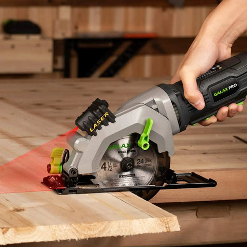 Powerful 4 Amp 3500 RPM Circular Saw With Laser Guide for clean, precise cuts, includes 4-1/2 In 24T blade cutting wood