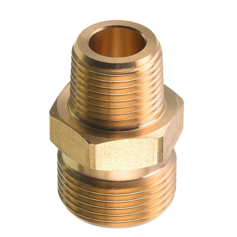 Brass pressure washer adapter with double male ends, 3/8 in NPT and M22 14 mm fittings, hex center.