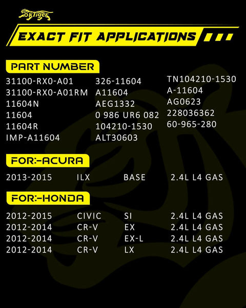 Detailed compatibility chart for Beefed Up 12V 120 Amp Alternator With 6 Groove Clockwise Pulley For Honda and Acura models.