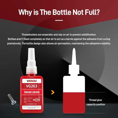 Red High Strength Temperature Threadlocker For Bolts And Metal Fasteners Up To M25 Anaerobic Screw Glue, 50ml bottle, diagram.