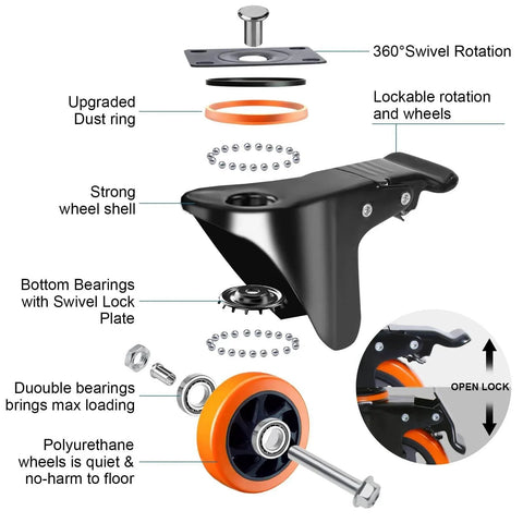 Illustration of Heavy Duty 4 Inch Swivel Caster Wheels Set Of 4 With Dual Locking, showing parts and features with labels.