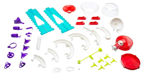 Thames and Kosmos Gumball Machine Maker toy parts set with teal tracks and purple components