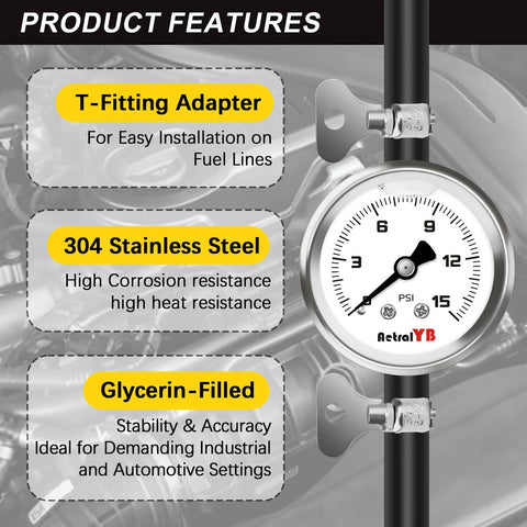Fuel pressure gauge kit with glycerin-filled 1-1/2 in dial, 304 stainless steel, 0–15 psi, 1/8 NPT, AetralYB