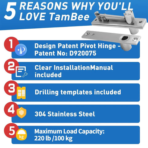 Heavy Duty Pivot Door Hinges For Wood Doors With 360 Degree Shaft Stainless Steel Pivot Hinge System For Hidden Doors And Bookshelf Bookcase Doors TamBee features and specifications.