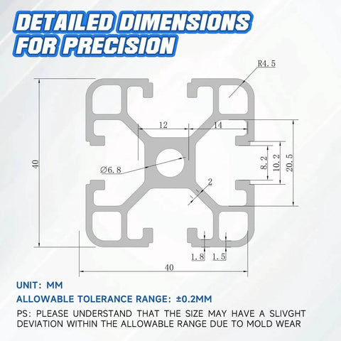 Diagram of 40x40 T Slot Aluminum Profile 1000mm Black Four Pack for Framing and Workstations, showing detailed dimensions and allowances.