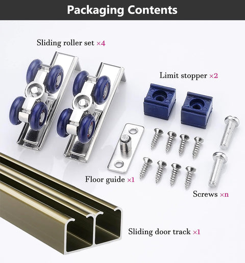 Premium Aluminum Sliding Barn Door Hardware Kit With Pocket Track and Rollers, includes track, roller sets, limit stoppers, and screws.