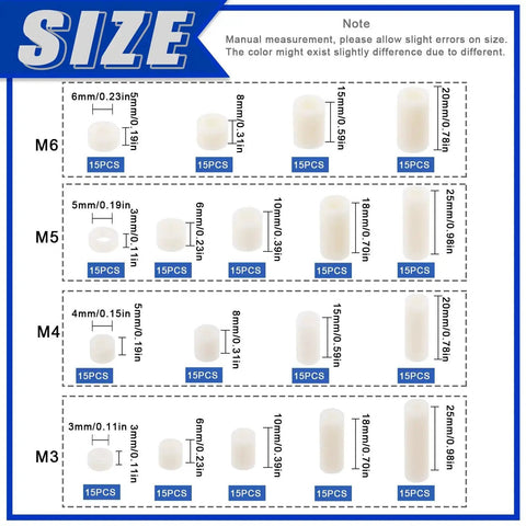 Nylon Spacer Go-To Assortment Kit 270Pcs For M3 To M6 Screws With White ABS Round Washers size chart image