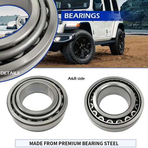 2 Piece Axle Bearing And Seal Kit With Drum Brake For Jeep Wrangler Wagoneer CJ TJ XJ J10 Dana 44 Rear 1997 Through 2006 Replacement OEM Style Premium Aftermarket Parts, image of bearings and a Jeep.