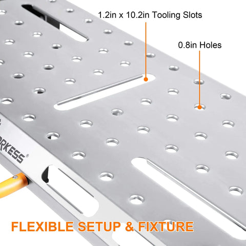 Close-up of Heavy Duty Welding Table With 1000 Lb Load Capacity, Folding Metal Workbench, showing 0.8 inch fixture holes.